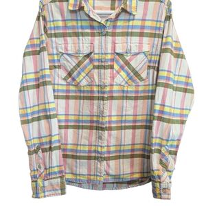 Stio Women Pastel Plaid Country Long Sleeve Flannel Pink Yellow Green Size Large